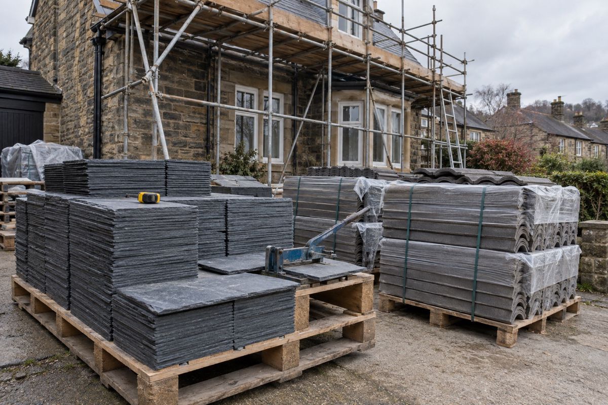 Pallets of natural slate and concrete tiles beside a scaffolded house