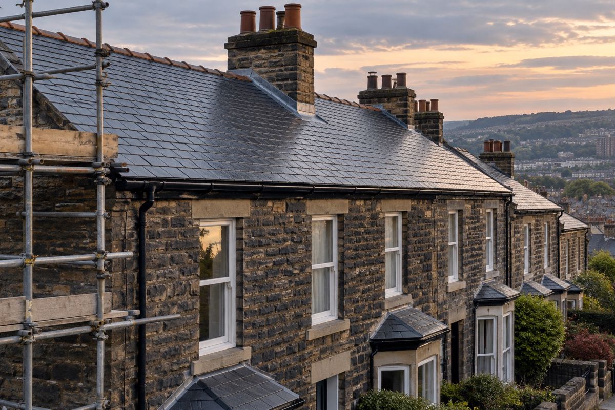 Finished slate roof with new lead flashing and gutters on a stone terrace