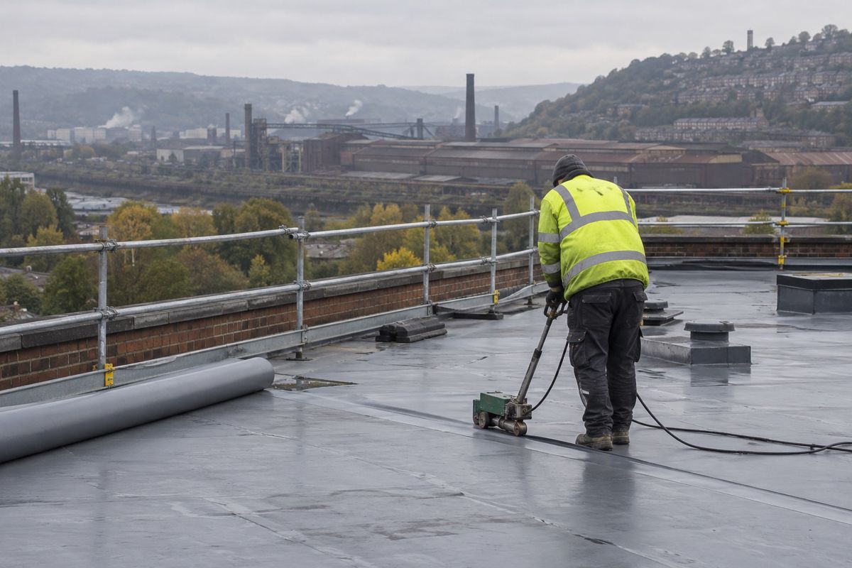 Roofer welding a grey membrane seam on a flat industrial unit roof
