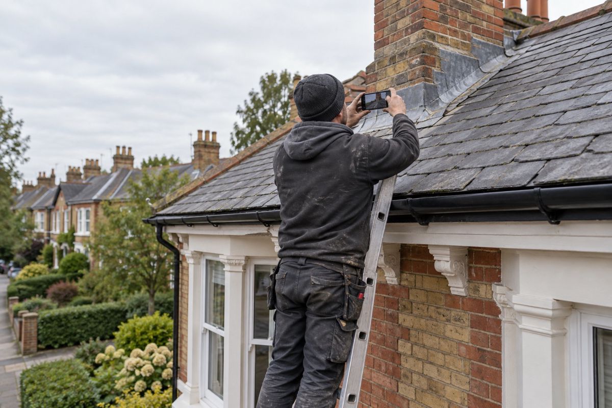 Roofer on a ladder photographing slates and lead flashing on a semi