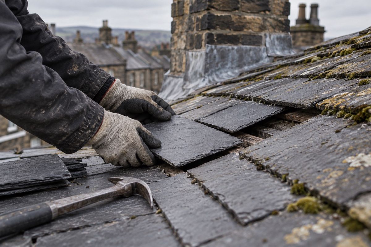 Gloved hands fitting a replacement slate into a gap on an old roof
