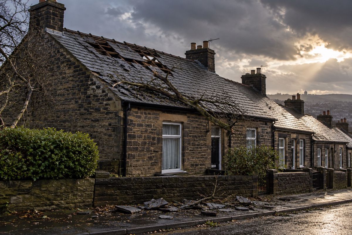 Terraced house roof with missing slates and a fallen branch after a storm